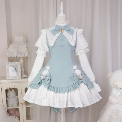 Lolita Long-Sleeve Collared Bow Lace Trim Mini A-Line Dress / Crinoline / Set mySite