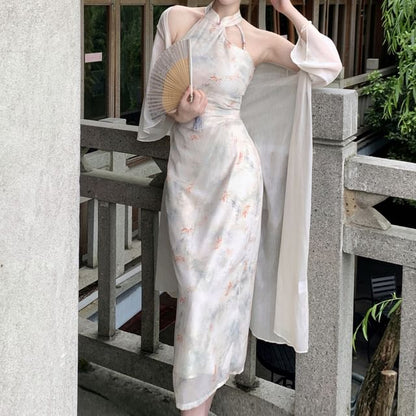 Halter Neck Floral Midi Qipao / Long Light Jacket / Set SpreePicky