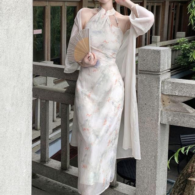 Halter Neck Floral Midi Qipao / Long Light Jacket / Set SpreePicky