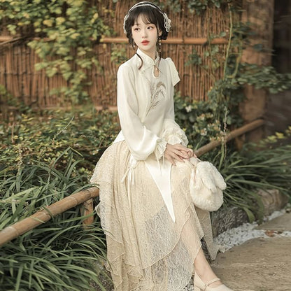 Lolita Long-Sleeve Embroidered Hanfu Blouse / Mid Rise Lace Midi A-Line Skirt / Set mySite