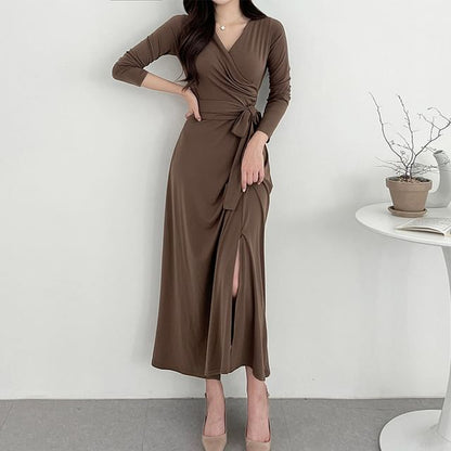 Long-Sleeve V-Neck Plain Wrap Tie-Front Slit Midi A-Line Dress SpreePicky