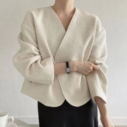 V-Neck Tweed Open Front Jacket SpreePicky