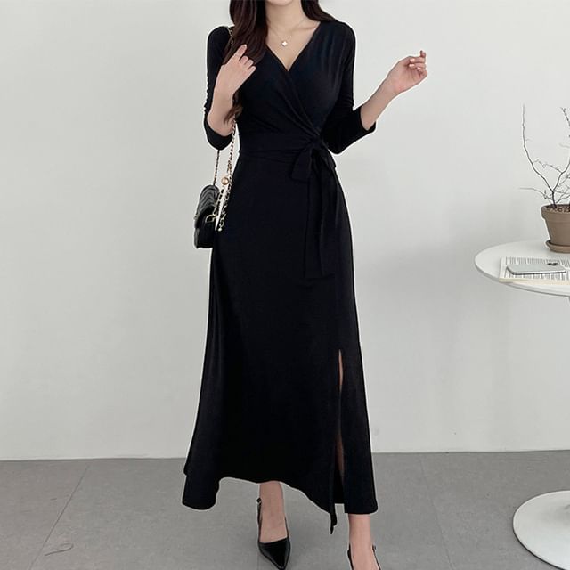 Long-Sleeve V-Neck Plain Wrap Tie-Front Slit Midi A-Line Dress SpreePicky