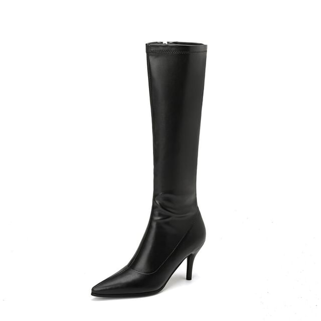 Stiletto Pointed Toe Plain Faux Leather Tall Boots SpreePicky