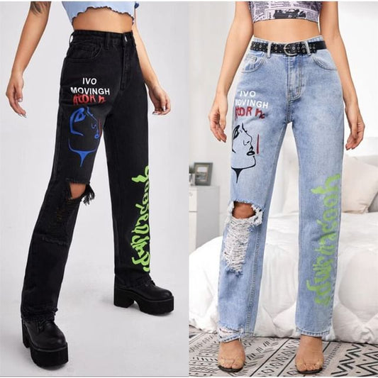 High Rise Graphic & Lettering Print Distressed Straight-Fit Wide-Leg Jeans SpreePicky