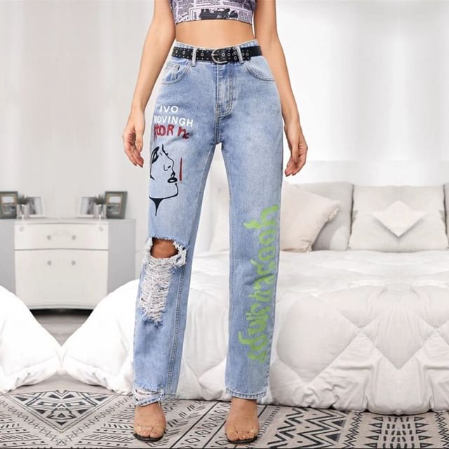 High Rise Graphic & Lettering Print Distressed Straight-Fit Wide-Leg Jeans SpreePicky