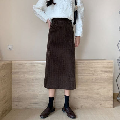 High Waist Corduroy Midi A-Line Skirt SpreePicky