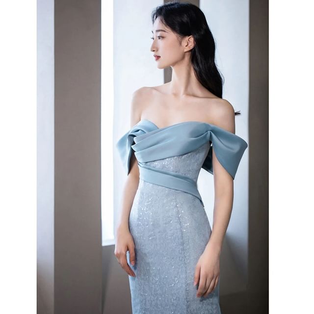 Short-Sleeve Off Shoulder Sequin Panel Trumpet Evening Gown Egirldoll