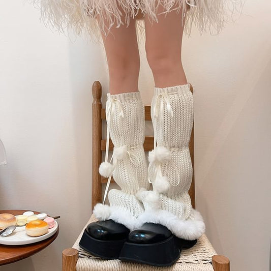 Pom Pom Fluffy Trim Knit Leg Warmers SpreePicky