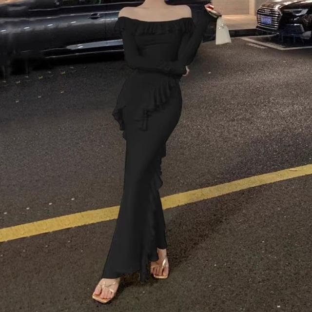 Long-Sleeve Off-Shoulder Plain Ruffle Trim Slit Maxi Sheath Dress mySite