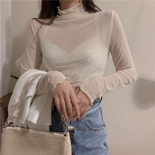 Long-Sleeve Mock Neck Plain Sheer Top mySite