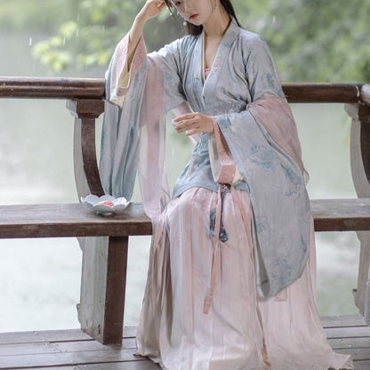 Long-Sleeve V-Neck Floral Embroidered Hanfu Top / Plain Top / High Waist Midi A-Line Skirt / Camisole / Shawl / Waist Skirt / Braid / Set SpreePicky