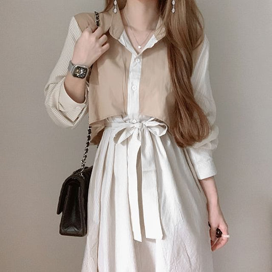 Mock Two-Piece Long-Sleeve Striped A-Line Shirt Dress SpreePicky