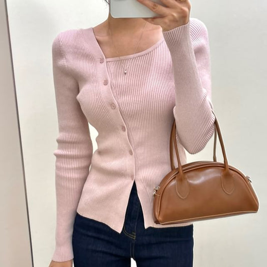 Long-Sleeve Asymmetrical Neckline Button-Up Knit Top SpreePicky