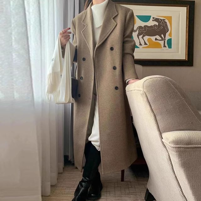 Double Breasted Plain Long Coat SpreePicky