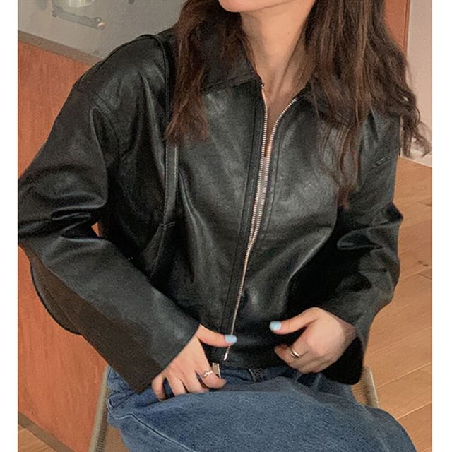 Faux Leather Collared Zip-Up Jacket SpreePicky