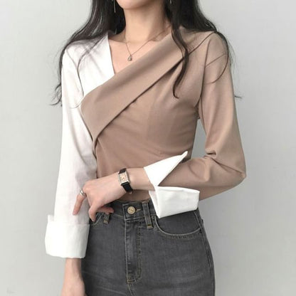 Long-Sleeve V-Neck Two Tone Blouse SpreePicky