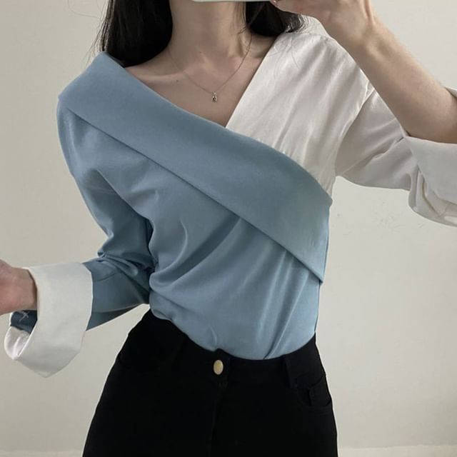 Long-Sleeve V-Neck Two Tone Blouse SpreePicky