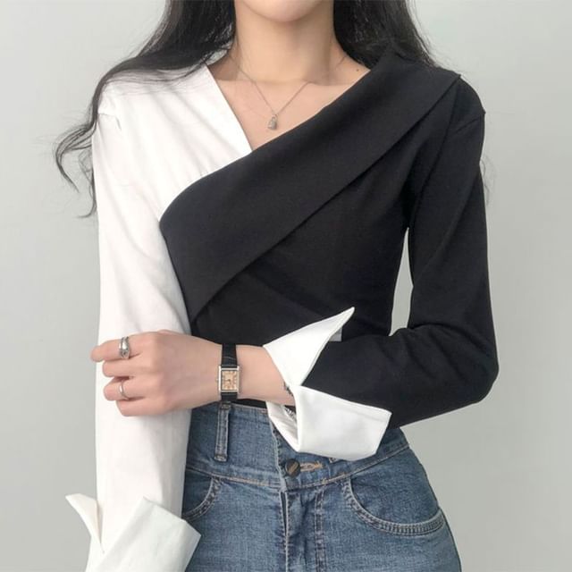 Long-Sleeve V-Neck Two Tone Blouse SpreePicky