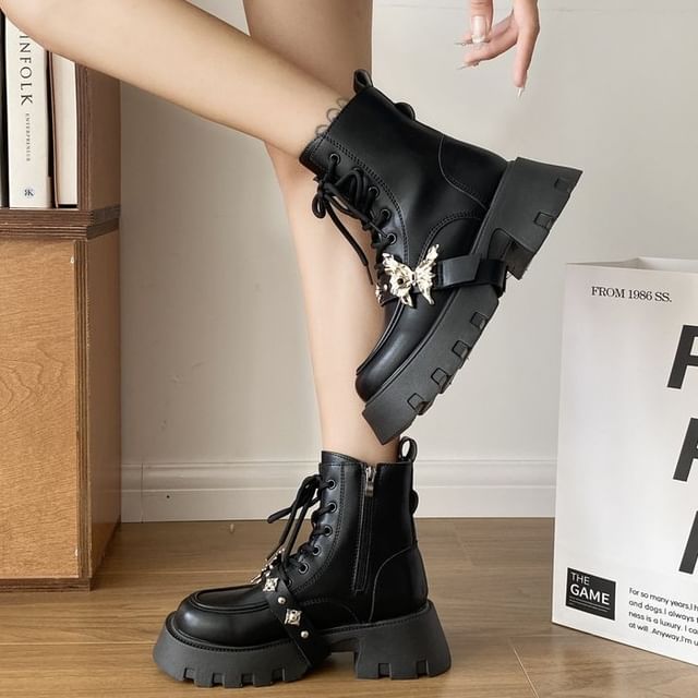 Butterfly Accent Lace-Up Platform Short Boots SpreePicky