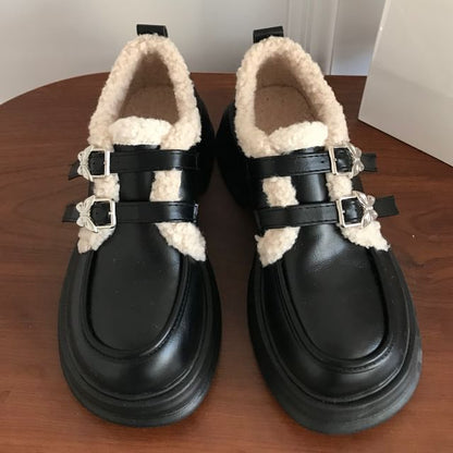 Buckled Fleece-Lined Platform Loafers SpreePicky