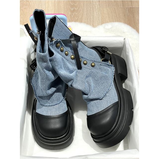 Platform Washed Denim Panel Short Boots SpreePicky