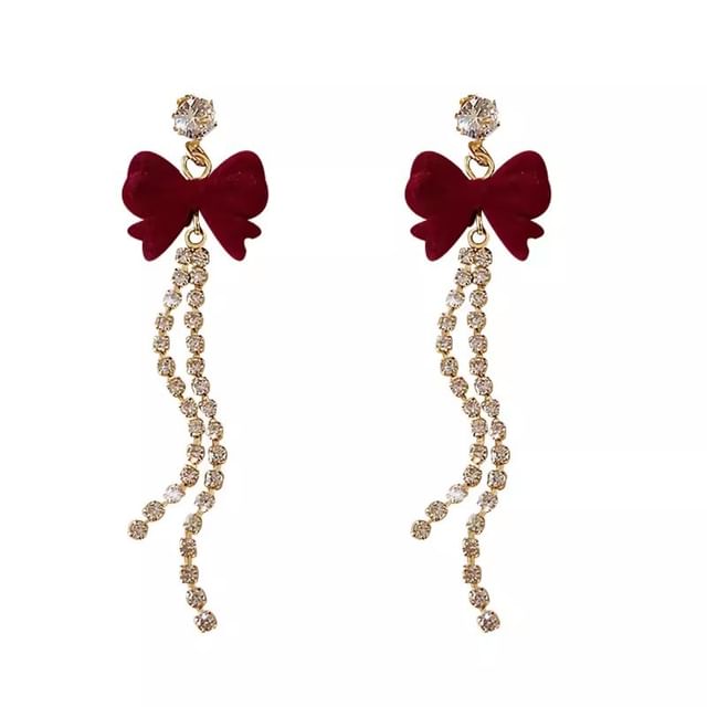 Flocking Bow Rhinestone Alloy Threader Earring SpreePicky