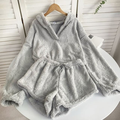 Set: Plain Bear Ear Oversized Hoodie + Elastic Waist Shorts mySite