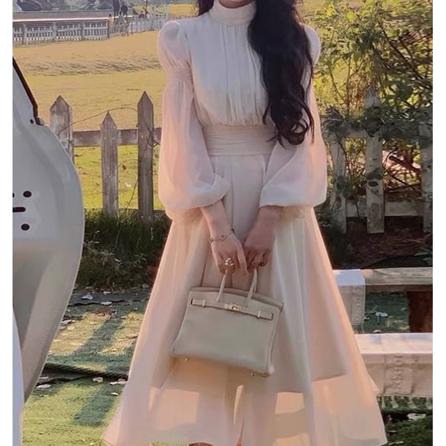 Long-Sleeve Stand Collar Plain Midi A-Line Dress SpreePicky