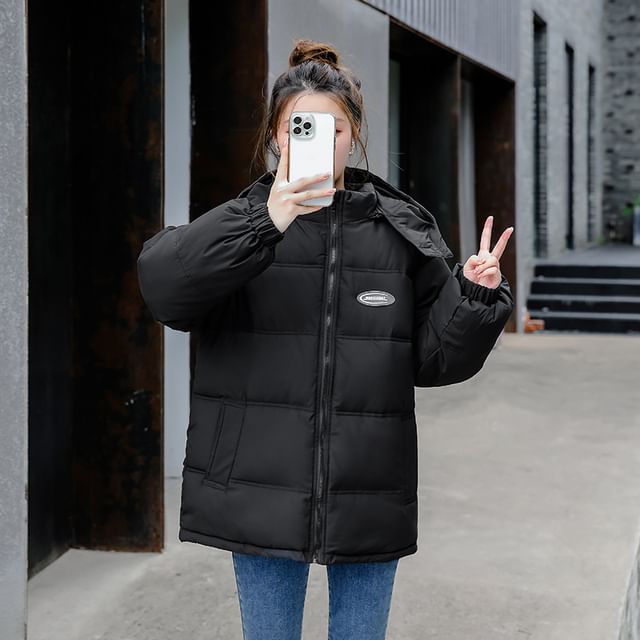 Hooded Lettering Puffer Jacket SpreePicky