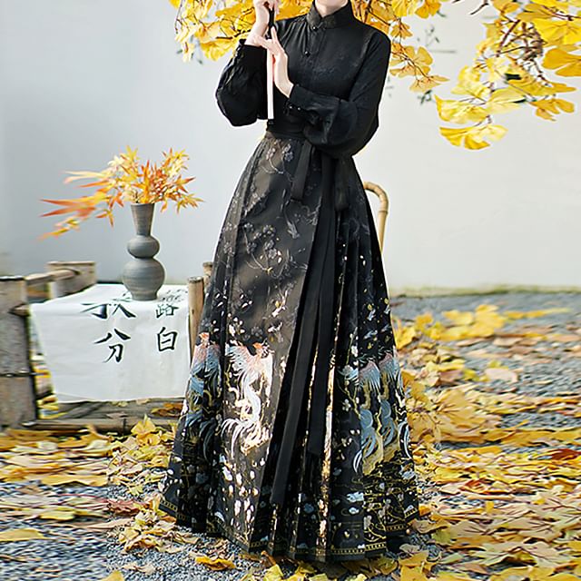 Traditional Chinese Long-Sleeve Stand Collar Plain Floral Jacquard Button-Up Top / High Rise Print Pleated Maxi A-Line Skirt SpreePicky