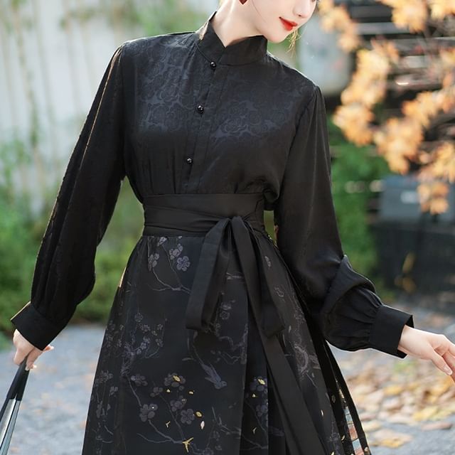 Traditional Chinese Long-Sleeve Stand Collar Plain Floral Jacquard Button-Up Top / High Rise Print Pleated Maxi A-Line Skirt SpreePicky