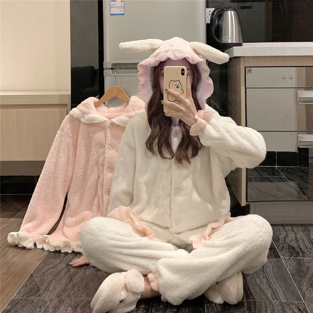 Pajama Set: Rabbit Ear Hooded Button-Up Top + Pants SpreePicky