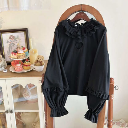 Puff-Sleeve High Neck Plain Ruffled Blouse SpreePicky