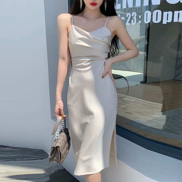 Spaghetti Strap V-Neck Plain Ruched Satin Slit Midi Sheath Dress SpreePicky