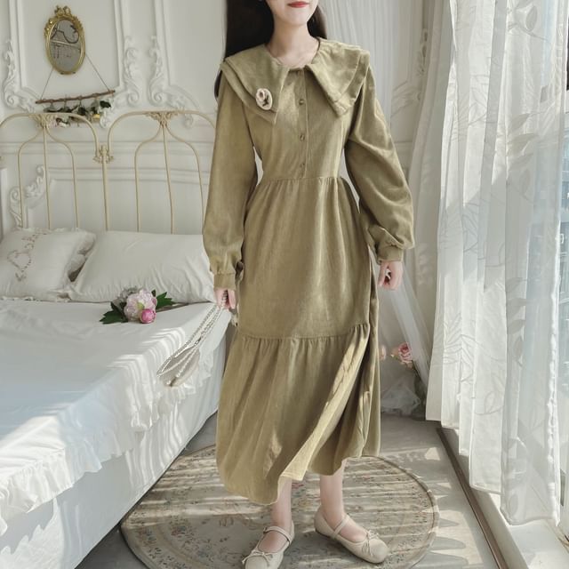 Long-Sleeve Collar Plain Corduroy Midi A-Line Dress mySite