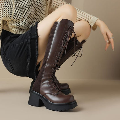 Platform Lace Up Panel Faux Suede Knee High Boots SpreePicky