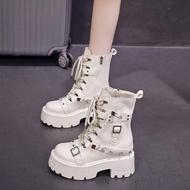 Heel Boots Buckled Chunky Short Platform Faux Leather Lace-Up FashionChic