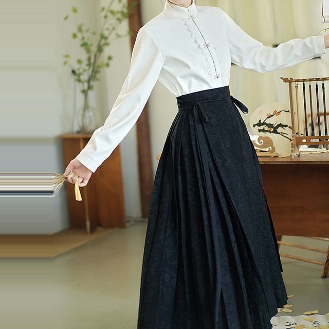 Band Collar Hanfu Top / Mid Rise Midi A-Line Skirt SpreePicky