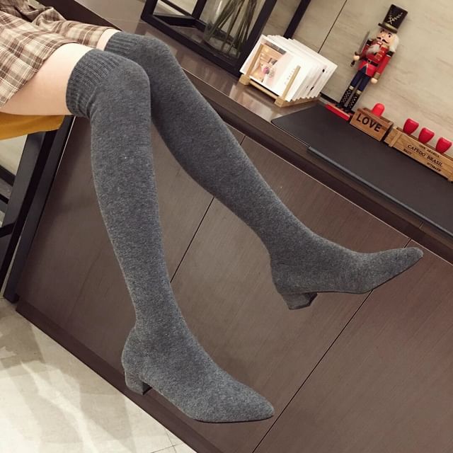 Pointy Toe Chunky Heel Over-the-Knee Sock Boots SpreePicky