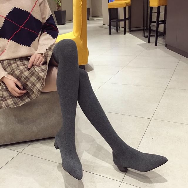 Pointy Toe Chunky Heel Over-the-Knee Sock Boots SpreePicky