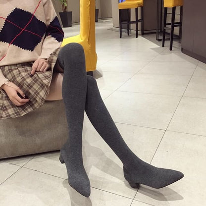 Pointy Toe Chunky Heel Over-the-Knee Sock Boots SpreePicky