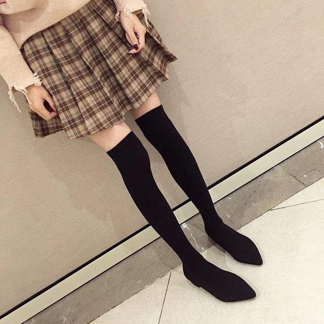 Pointy Toe Chunky Heel Over-the-Knee Sock Boots SpreePicky