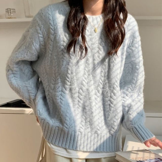 Crew Neck Plain Cable Knit Sweater SpreePicky