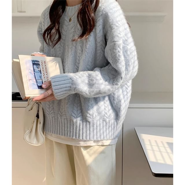 Crew Neck Plain Cable Knit Sweater SpreePicky