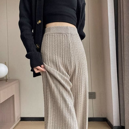 High Rise Plain Knit Wide Leg Pants SpreePicky