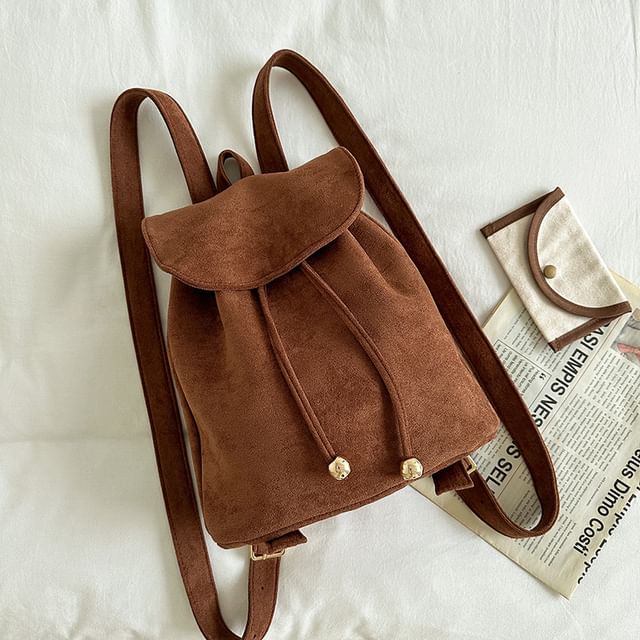 Faux Suede Drawstring Flap Backpack SpreePicky