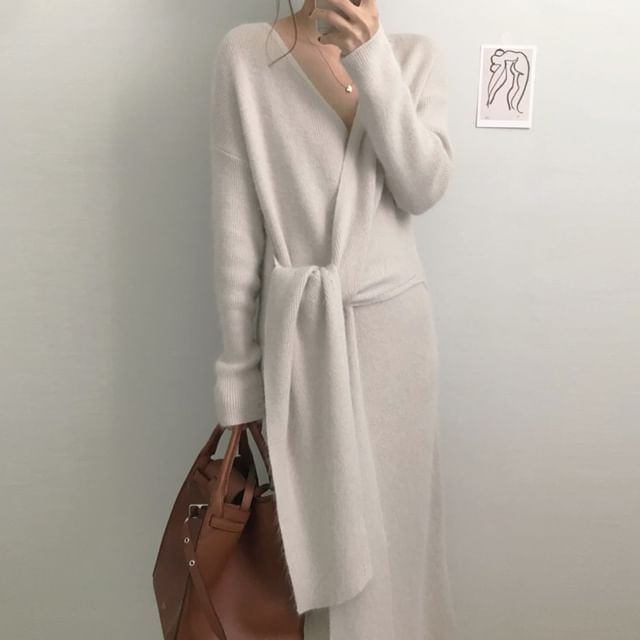 Long-Sleeve V-Neck Plain Tie Front Knit Midi A-Line Wrap Dress SpreePicky