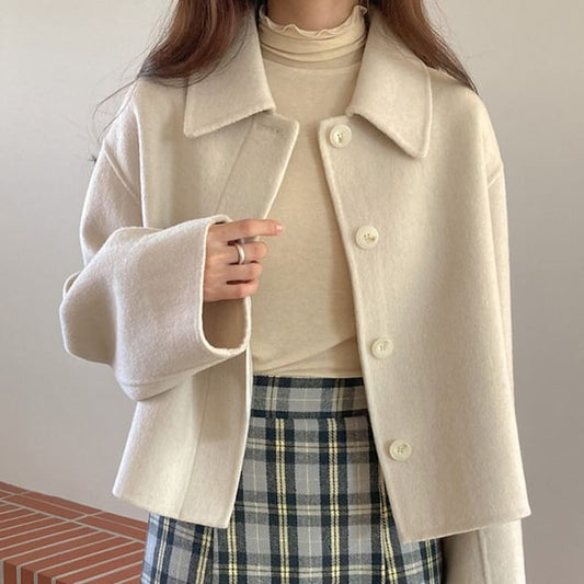 Collared Plain Short Button Coat SpreePicky