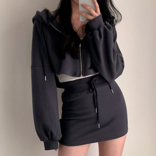 Set: Plain Zip Hoodie + Drawstring Waist Mini Pencil Skirt SpreePicky